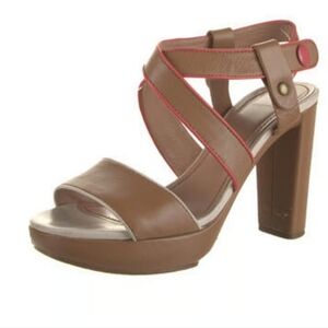See by Chloe tan pink strappy snap ankle strap open toe block heels sz 6